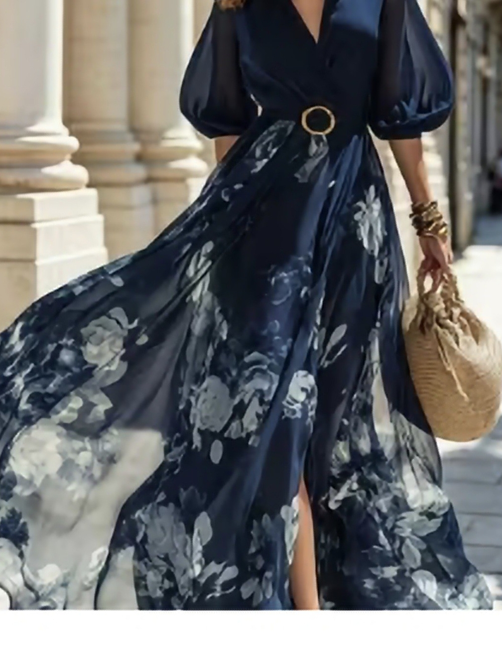 Navy Floral Wrap Maxi Dress with Puff Sleeves
